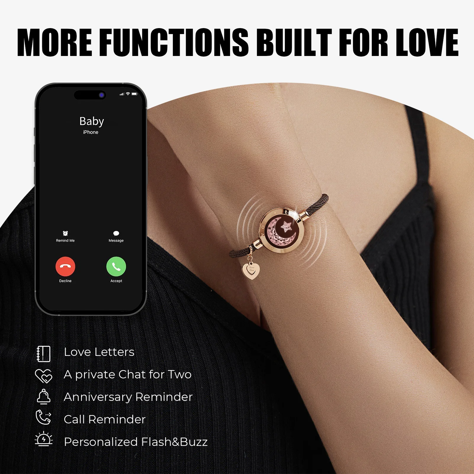 totwoo Long Distance touch Light up&Vibrate Bracelets for Couples, Long Distance Relationship Gifts Smart Sun&Moon Love Bracelet - Image 4