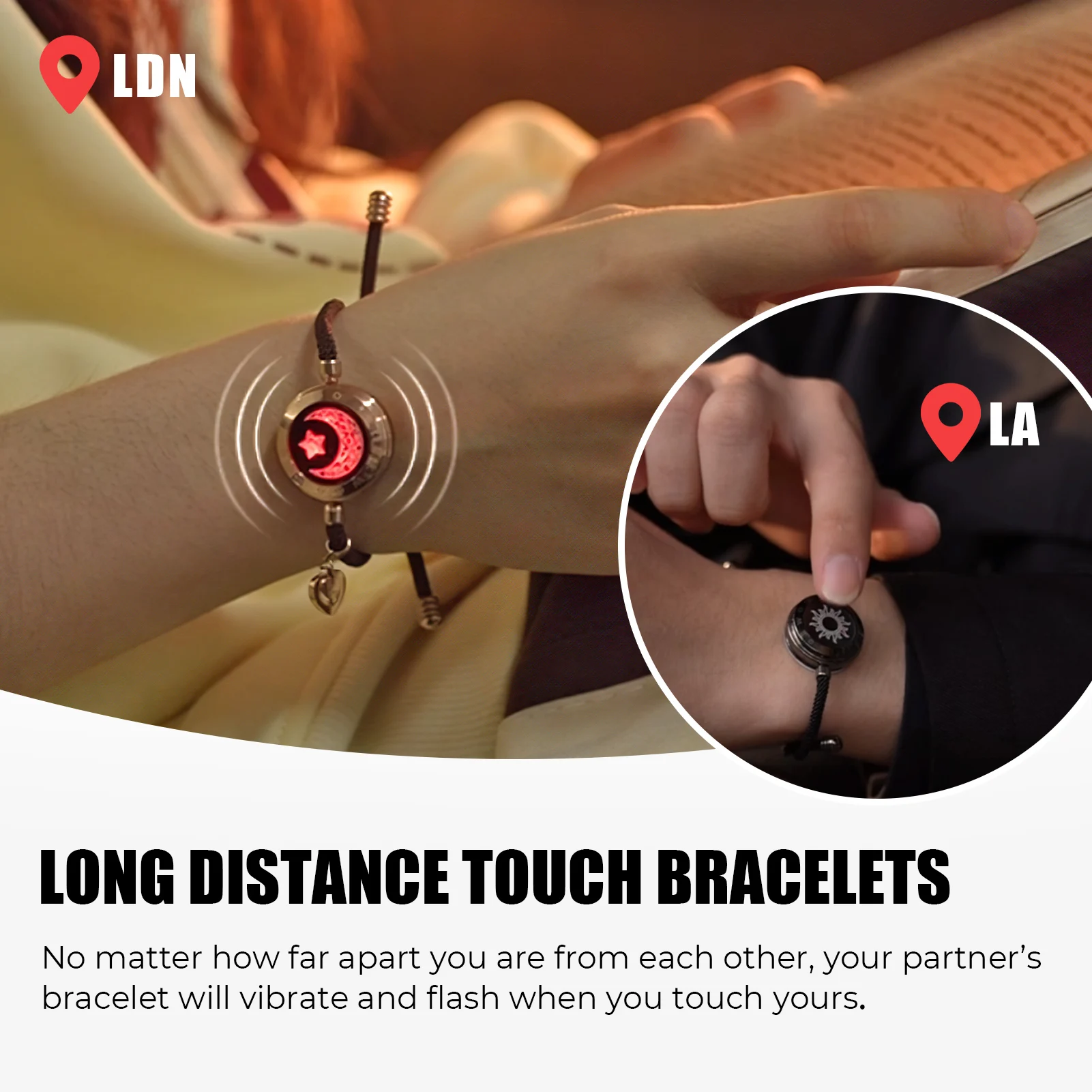totwoo Long Distance touch Light up&Vibrate Bracelets for Couples, Long Distance Relationship Gifts Smart Sun&Moon Love Bracelet - Image 3